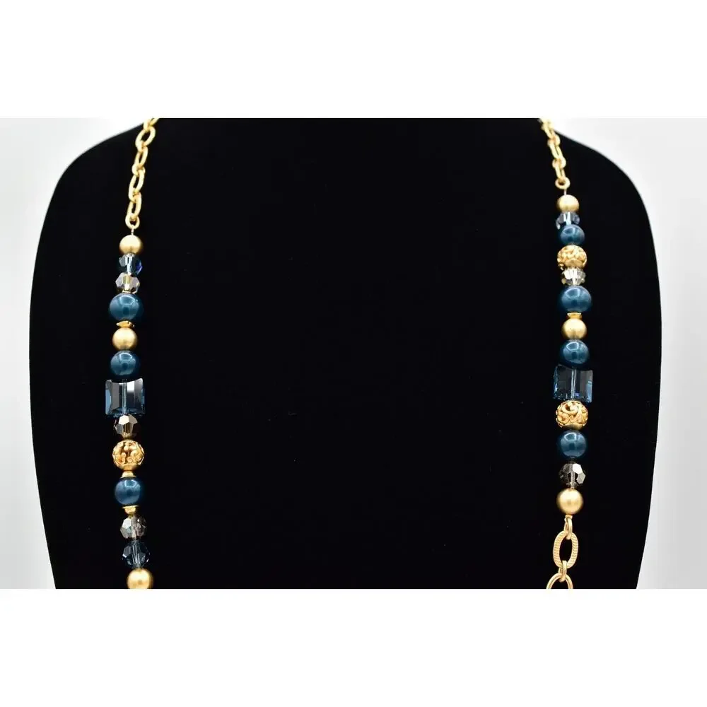 Brighton Chunky Station Necklace Brushed Gold Blue Crystal Contempo Belt BinBJ